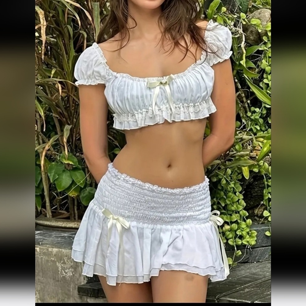 White Crop Top With Matching Skirt